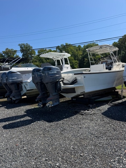Boats in dry storage and service yard at a marina